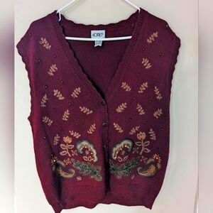 Koret Women's Burgundy Knit Embroidered Button Down Sleeveless Sweater Vest